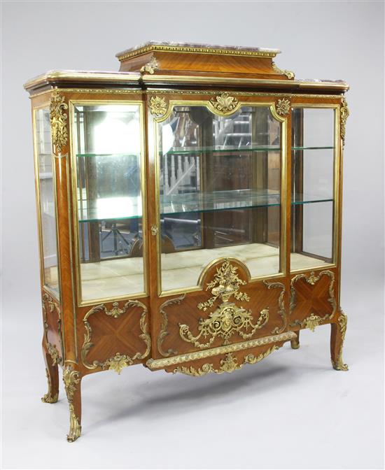 A late 19th century French ormolu mounted and kingwood stepped breakfront vitrine, W.4ft 8in.